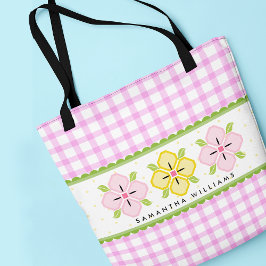 Roze gebloemd geruit monogram tote bag