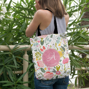 Roze gebloemd met meisjesachtig monogram tote bag