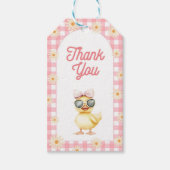 Roze gebloemde geruite eend verjaardagskaartjes cadeaulabel (Voorkant)