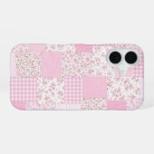 Roze gebloemde patchwork telefoonhoes iPhone 16 hoesje (Achterkant horizontaal)