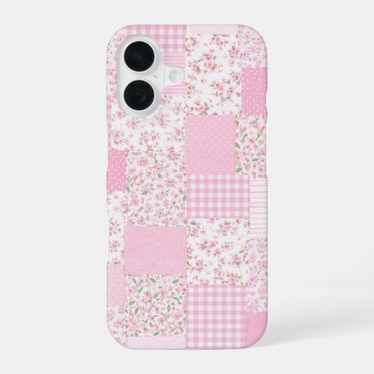 Roze gebloemde patchwork telefoonhoes iPhone 16 hoesje (Achterkant)