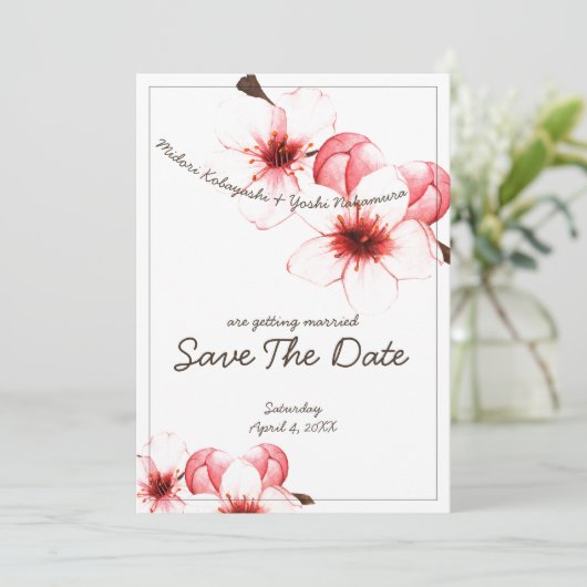 Roze gebluste Cherry Blossom Wedding Save the Date (Staand voorkant)