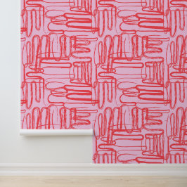 Roze gebogen golvende krabbel abstract modern behang