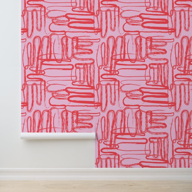 Roze gebogen golvende krabbel abstract modern behang (Applicatie)