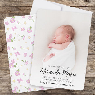 Roze Geboorteaankondiging Foto Baby Meisje Bloemen
