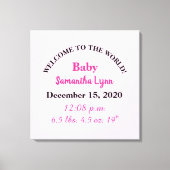 Roze geboortegegevens van baby meisje canvas afdruk (Voorkant)