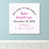 Roze geboortegegevens van baby meisje canvas afdruk (Insitu (Houten vloer))