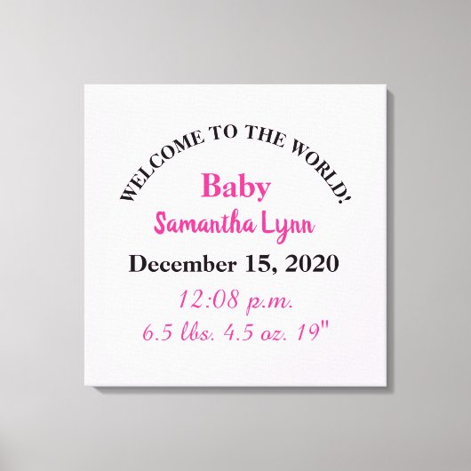 Roze geboortegegevens van babymeisje canvas afdruk (Voorkant)