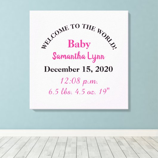 Roze geboortegegevens van babymeisje canvas afdruk (Insitu (Houten vloer))