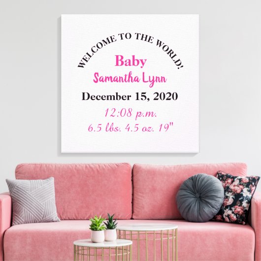 Roze geboortegegevens van babymeisje canvas afdruk (Insitu (Woonkamer))