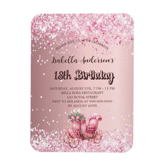 Roze geboortehuis koets meisjesachtige luxe uitnod magneet (Verticaal)