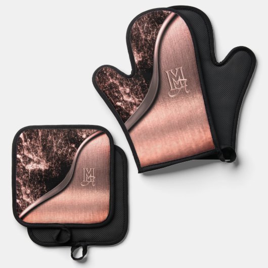 Roze geborsteld metaal en metaalsteen monogram ovenwant & pannenlap set (Voorkant / Achterkant)