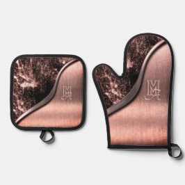 Roze geborsteld metaal en metalen steen monogram ovenwant & pannenlap set