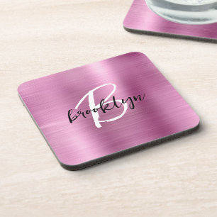 Roze Geborsteld Metaal Zwart Wit Schrift Monogram  Bier Onderzetter
