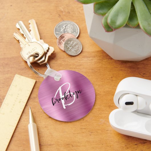 Roze Geborsteld Metaal Zwart Wit Schrift Monogram  Sleutelhanger (Bureau)