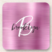 Roze geborsteld metaal zwart wit script monogram bier onderzetter (Voorkant)