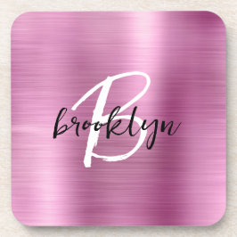 Roze geborsteld metaal zwart wit script monogram bier onderzetter