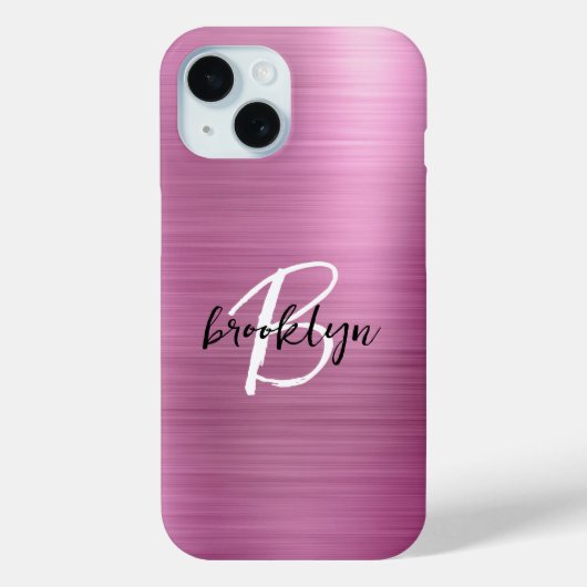 Roze geborsteld metaal zwart wit script monogram Case-Mate iPhone case (Achterkant)