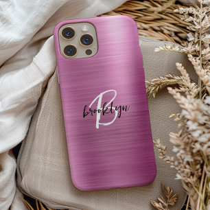 Roze Geborsteld Metaal Zwart Wit Script Monogram  iPhone 15 Case