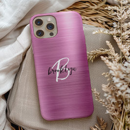 Roze geborsteld metaal zwart wit script monogram iPhone 15 case