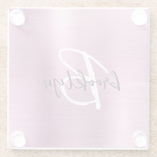 Roze geborsteld metaal zwart wit script monogram glazen onderzetter (Achterkant)