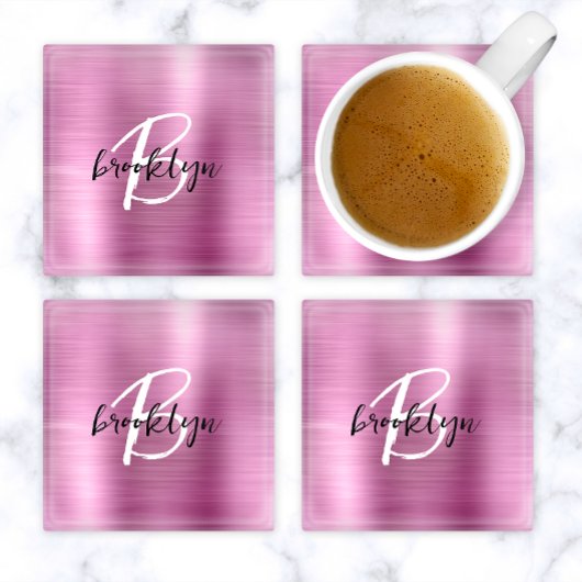 Roze geborsteld metaal zwart wit script monogram glazen onderzetter