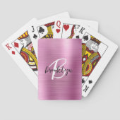 Roze geborsteld metaal zwart wit script monogram pokerkaarten (Achterkant)