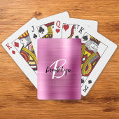 Roze geborsteld metaal zwart wit script monogram pokerkaarten
