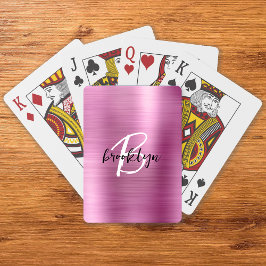 Roze geborsteld metaal zwart wit script monogram pokerkaarten