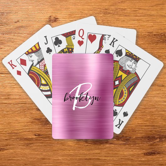 Roze geborsteld metaal zwart wit script monogram pokerkaarten