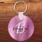 Roze geborsteld metaal zwart wit script monogram sleutelhanger (Voorkant)