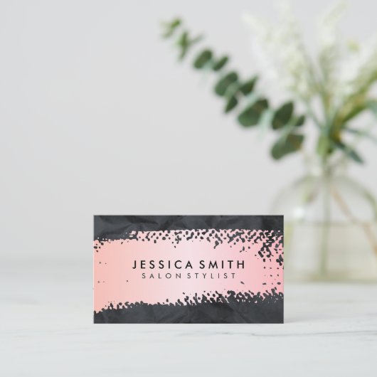 Roze Geborsteld | Zwarte Verkreukelde Textuur Visitekaartje (Staand voorkant)