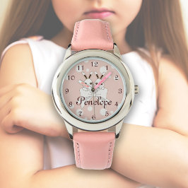 Roze gebroken wit lint en Schattigee Twin Bunny Ki Horloge