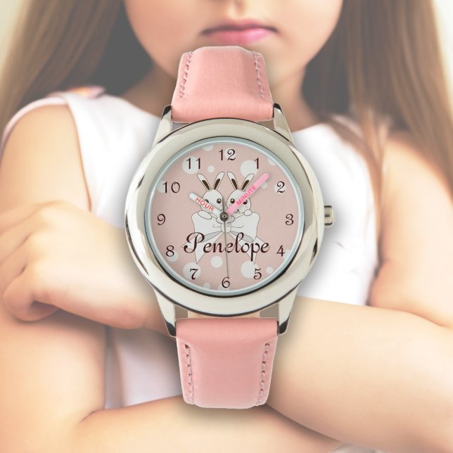 Roze gebroken wit lint en Schattigee Twin Bunny Ki Horloge (Creator heeft geüpload)