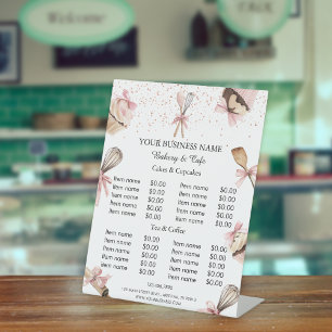 Roze gebruiksvoorwerpen & cupcake prijslijst voets reclamebord met voetstuk