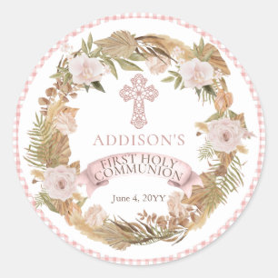 Roze gedroogde Floral Girl Eerste Heilige Communie Ronde Sticker