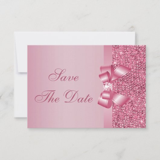 Roze Gedrukte Lovertjes Strik & Diamant Save the D Save The Date (Voorkant)