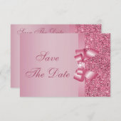 Roze Gedrukte Lovertjes Strik & Diamant Save the D Save The Date (Voorkant / Achterkant)