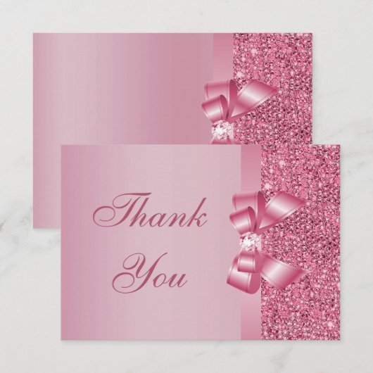 Roze gedrukte Sequins Bow & Diamond Hartelijk dank Bedankkaart (Voorkant / Achterkant)