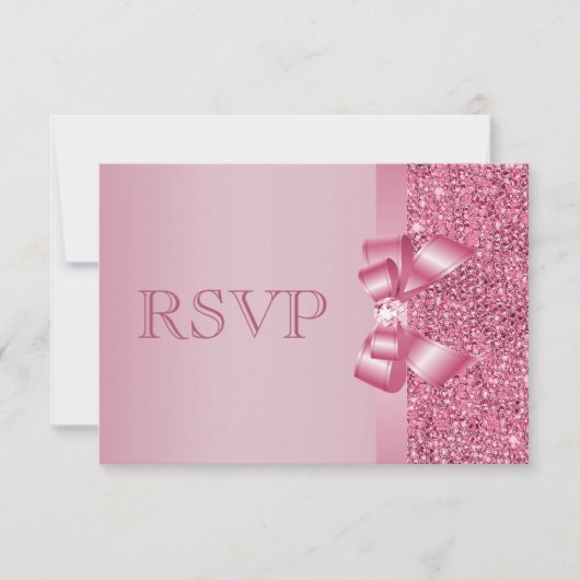 Roze, gedrukte Sequins Bow & Diamond RSVP Kaartje (Voorkant)
