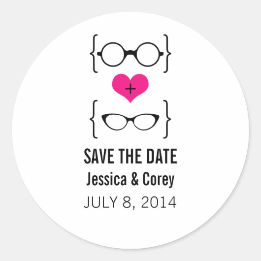 Roze Geeks Bril Save the Date Stickers (Voorkant)