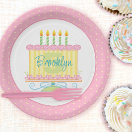 Roze Geel 5e Verjaardagstaart Naam Papieren Bordje