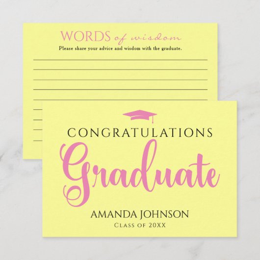 Roze Geel Afstuderen Woorden van Wijsheid Afstuder Informatiekaartje (Voorkant / Achterkant)