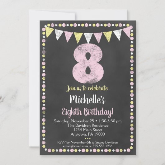 Roze geel alkbord 8e verjaardag uitnodiging (Voorkant)