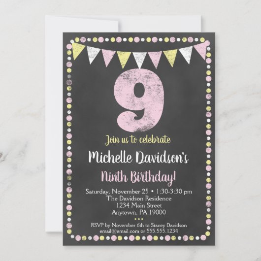 Roze geel alkbord 9e verjaardag Uitnodiging (Voorkant)