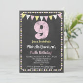 Roze geel alkbord 9e verjaardag Uitnodiging (Staand voorkant)