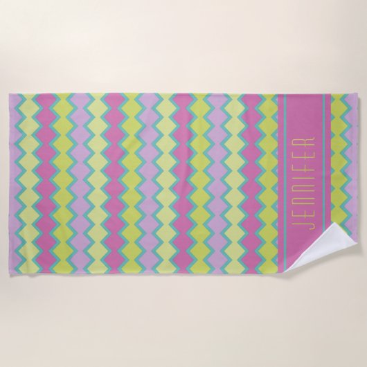 Roze geel Aqua Geometric Pattern, gepersonaliseerd Strandlaken (Voorkant)