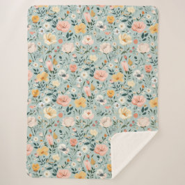 Roze Geel Blauw Aquarel Bloemig Cottage Core Sherpa Deken