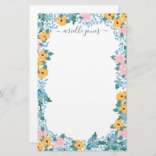  Roze Geel Blauw Bloem Lijst Briefpapier (Voorkant / Achterkant)