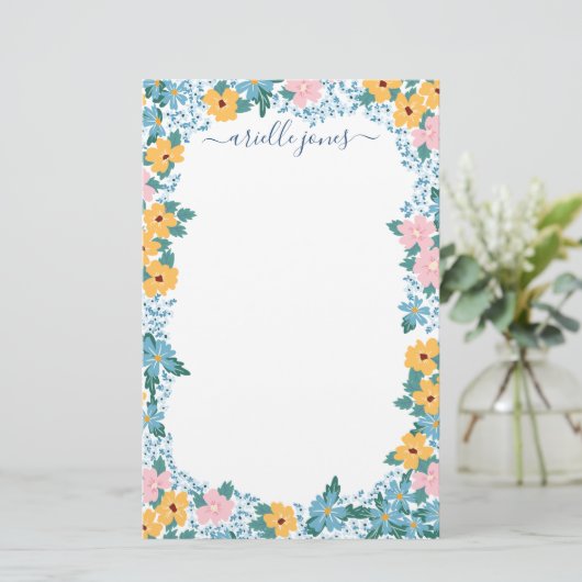  Roze Geel Blauw Bloem Lijst Briefpapier (Staand voorkant)